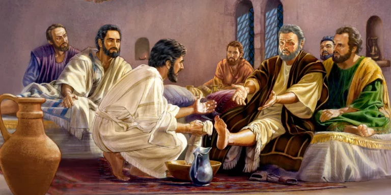 Jésus revêt la tenue de service, pour laver les pieds de ses disciples