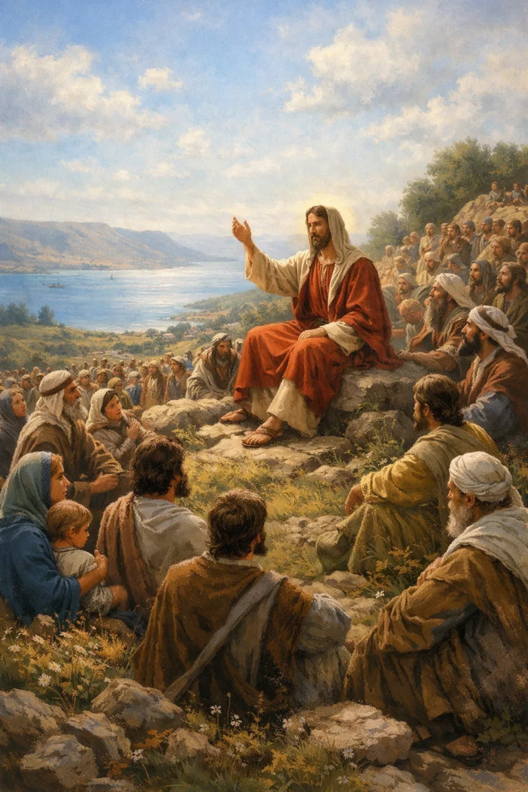 Jésus enseigne les foules avec son sermon sur la montagne