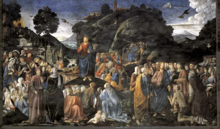 Prédication du Christ entouré d’une foule sur une montagne, dans un vaste paysage — peinture de la Renaissance italienne.